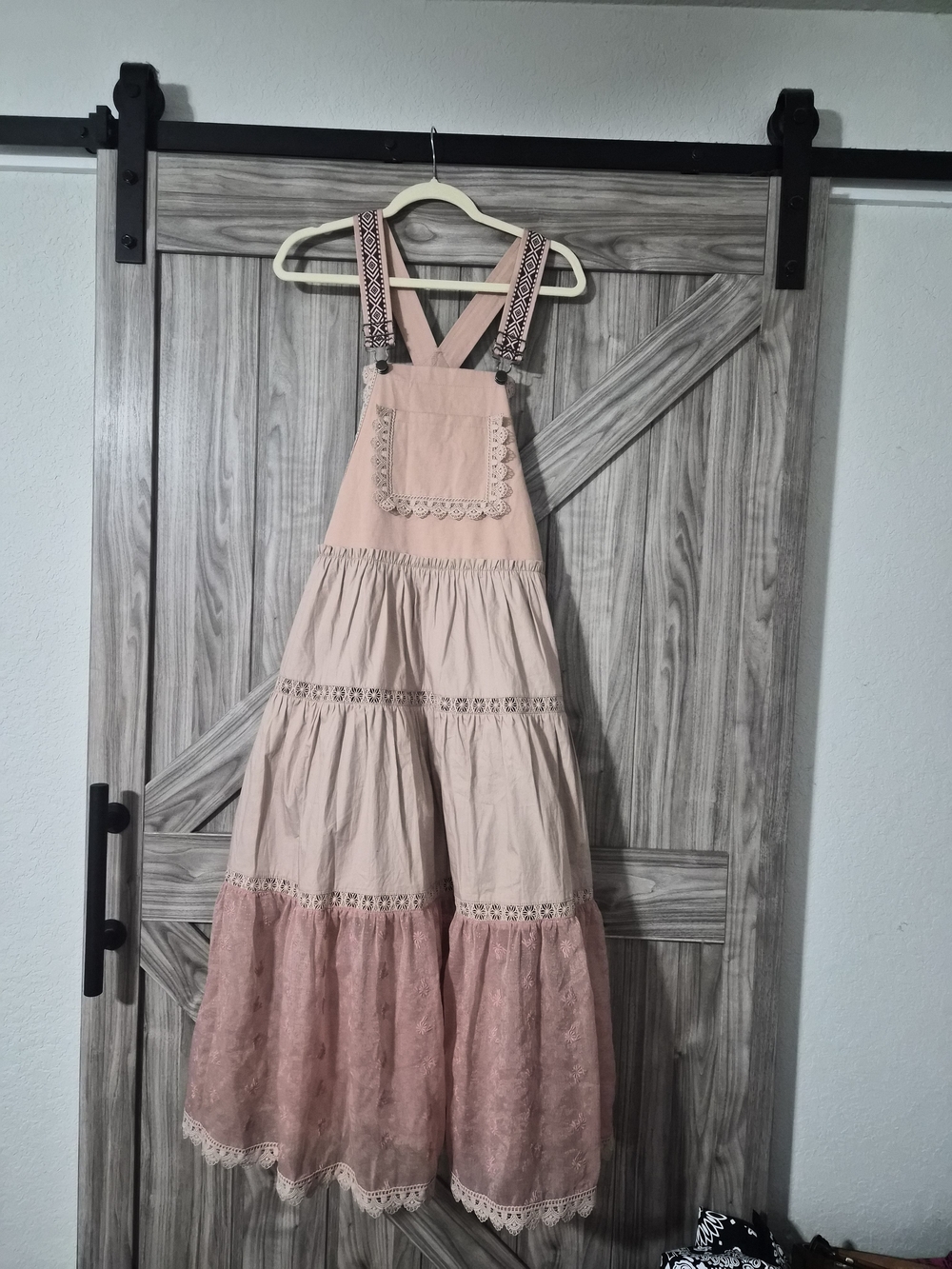 Listicle Blush Pink Boho Tiered Lace Maxi Pinafore Dress